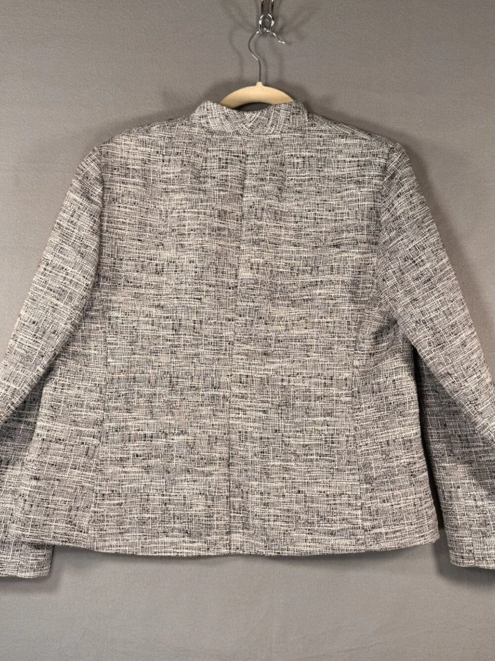J Crew 365 Blazer W 14 Open Front Lined Blazer Preppy Black White Tweed Career